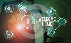 Word writing text Welcome Home. Business concept for Expression Greetings New Owners Domicile Doormat Entry Male human wear formal photo