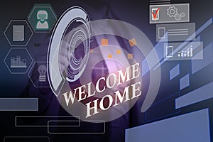 Word writing text Welcome Home. Business concept for Expression Greetings New Owners Domicile Doormat Entry Woman wear
