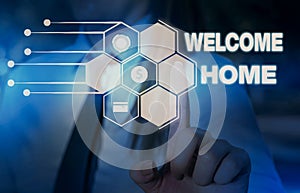 Word writing text Welcome Home. Business concept for Expression Greetings New Owners Domicile Doormat Entry Woman wear