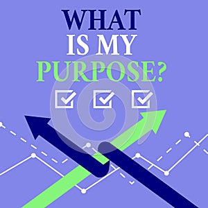 Word writing text What Is My Purposequestion. Business concept for Direction Importance Discernment Reflection.