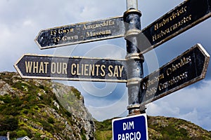 Word writing text What Our Clients Say. Business concept for testimonials or feedback of aclient about the product Road