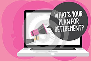 Word writing text What s is Your Plan For Retirement question. Business concept for Savings Pension Elderly retire Man holding Meg
