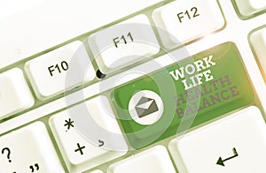 Word writing text Work Life Health Balance. Business concept for Stability and Harmony to prevent burnt out White pc