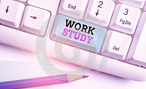 Word writing text Work Study. Business concept for college program that enables students to work parttime White pc photo