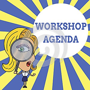 Word writing text Workshop Agenda. Business concept for helps you to ensure that your place stays on schedule Woman