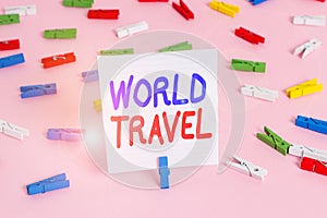 Word writing text World Travel. Business concept for the movement of showing between distant geographical locations Colored