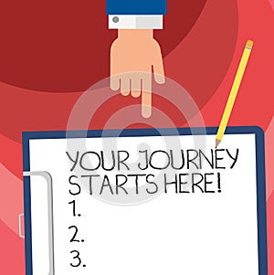 Word writing text Your Journey Starts Here. Business concept for Motivation for starting a business Inspiration Hu