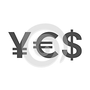 Word YES of currency symbols - yen, euro, dollar