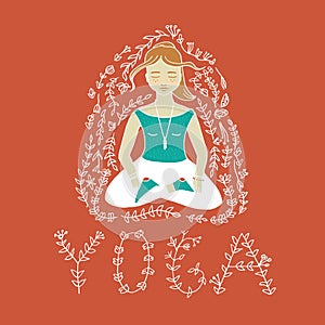 The word yoga and meditating woman.