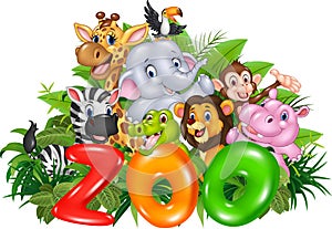 Word zoo with cartoon wild animal
