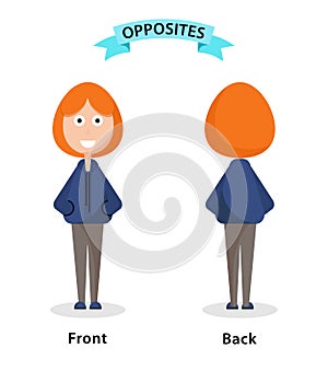 Wordcard for front and back antonyms and opposites. Cartoon characters illustration on white background. Card for