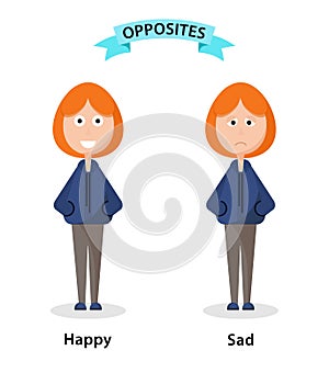 Wordcard for happy and sad antonyms and opposites. Cartoon characters illustration on white background. Card for