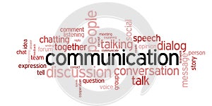 Wordcloud with the word COMMUNICATION and other tags expressing the conversation between people