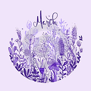 Wording march with purple hand drawn flowers in a circle, doodle elements, grass, leaves, flowers. Vector illustration