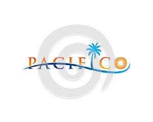 Wordmark pacifico letter i as palm tree line ocean wave strike through photo
