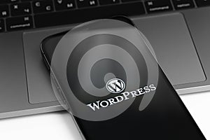 WordPress logo on screen smartphone