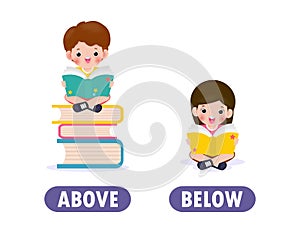 Words above and below with cartoon characters cute kids reading book, opposite word antonym for children Flat vector illustration