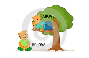 Words above and below flashcard with cartoon animal characters. Opposite adverb explanation card. Flat vector photo