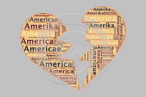 The Words `Amerika, America, Amerique, Americae` as Word Art, Word Cloud, Tag Cloud in Different Languages with Copy Space