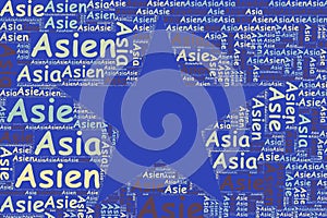 The Words \'Asien, Asia, Asie, \' as Word Art, Word Cloud, Tag Cloud in Different Languages with Copy Space photo