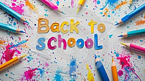 the words back to school are displayed on a white stoned wall with colorful paint bursts, creating a mockup banner for