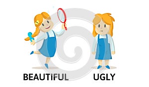 Words BEAUTIFUL and UGLY textcard with text cartoon characters. Opposite adjectives explanation card. Flat vector