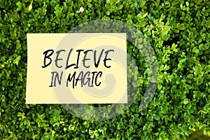 The words believe in magic written on paper in a garden with green plants in nature.