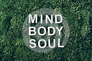 Words Body, mind, spirit and soul on moss, green grass background. Top view. Copy space. Banner. Biophilia concept