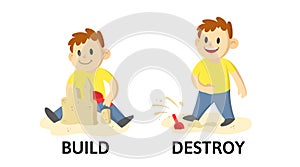 Words BUILD and DESTROY textcard with text cartoon characters. Opposite verbs explanation card. Flat vector illustration