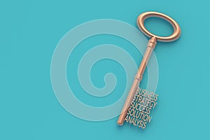 The words business, strategy, success, solution, analysis on the key