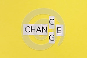 The words chance and change on a yellow background. Success, strategy, solution, business and Positive thinking concepts