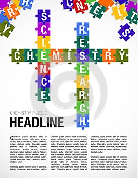 Words CHEMISTRY, SCIENCE, RESEARCH formed by symbols of the Periodic Table of the Elements in the form of puzzle pieces