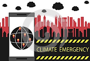 The words Climate Emergency against a gloomy city. Environmental pollution, problems with air, water. Vector flat illustration photo