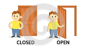 Words closed and open flashcard with cartoon characters. Opposite adjectives explanation card. Flat vector illustration