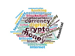 Words cloud blockchain digital crypto currency illustration