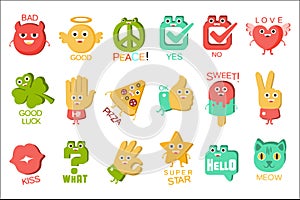 Words And Corresponding Illustrations, Cartoon Character Objects With Eyes Illustrating The Text Emoji Set