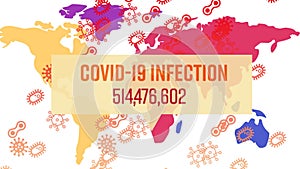 Words Covid-19 Infection written with numbers growing written over cells of coronavirus and world ma