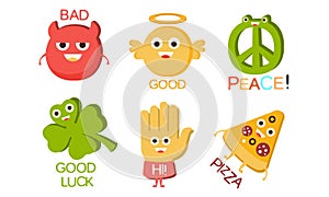 Words and Cute Cartoon Characters with Funny Faces, Bad, Good, Peace, Luck, Hi, Pizza Vector Illustration