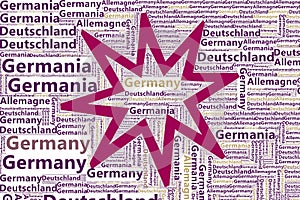 The Words `Deutschland, Germany, Allemagne, Germania` as Word Art, Word Cloud, Tag Cloud in Different Languages with Copy Space