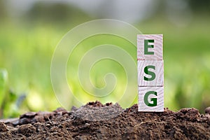 words ESG on a wood block and Future environmental conservation