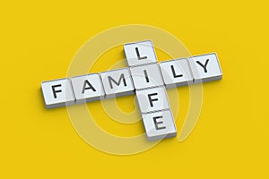 Words family life in crossword made of metallic buttons