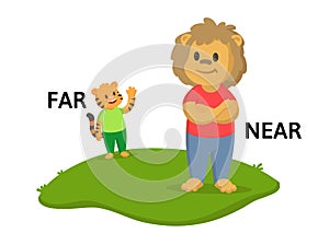 Words far and near flashcard with cartoon animal characters. Opposite adverb explanation card. Flat vector illustration photo