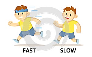 Words fast and slow flashcard with running cartoon boy characters. Opposite adjectives explanation card. Flat vector