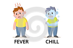 Words fever and chill flashcard with cartoon boy characters. Opposite nouns explanation card. Flat vector illustration