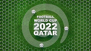 Words Football world cup 2022 Qatar on green soccer turf background with hexagonal design. 3d render photo