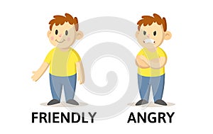 Words friendly and angry flashcard with cartoon boy characters. Opposite adjectives explanation card. Flat vector