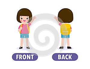 Words FRONT and BACK with cartoon characters cute kids backpack, back to school, opposite word antonym for children Flat vector