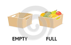 Words full and empty flashcard with box, fruits, and veggies. Opposite adjectives explanation card. Flat vector