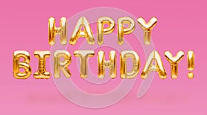 Words HAPPY BIRTHDAY made of golden inflatable balloons floating on pink background. Gold foil helium balloons forming