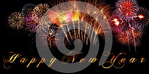 Words Happy New Year written on banner with sparkly fireworks and burning letters on black background